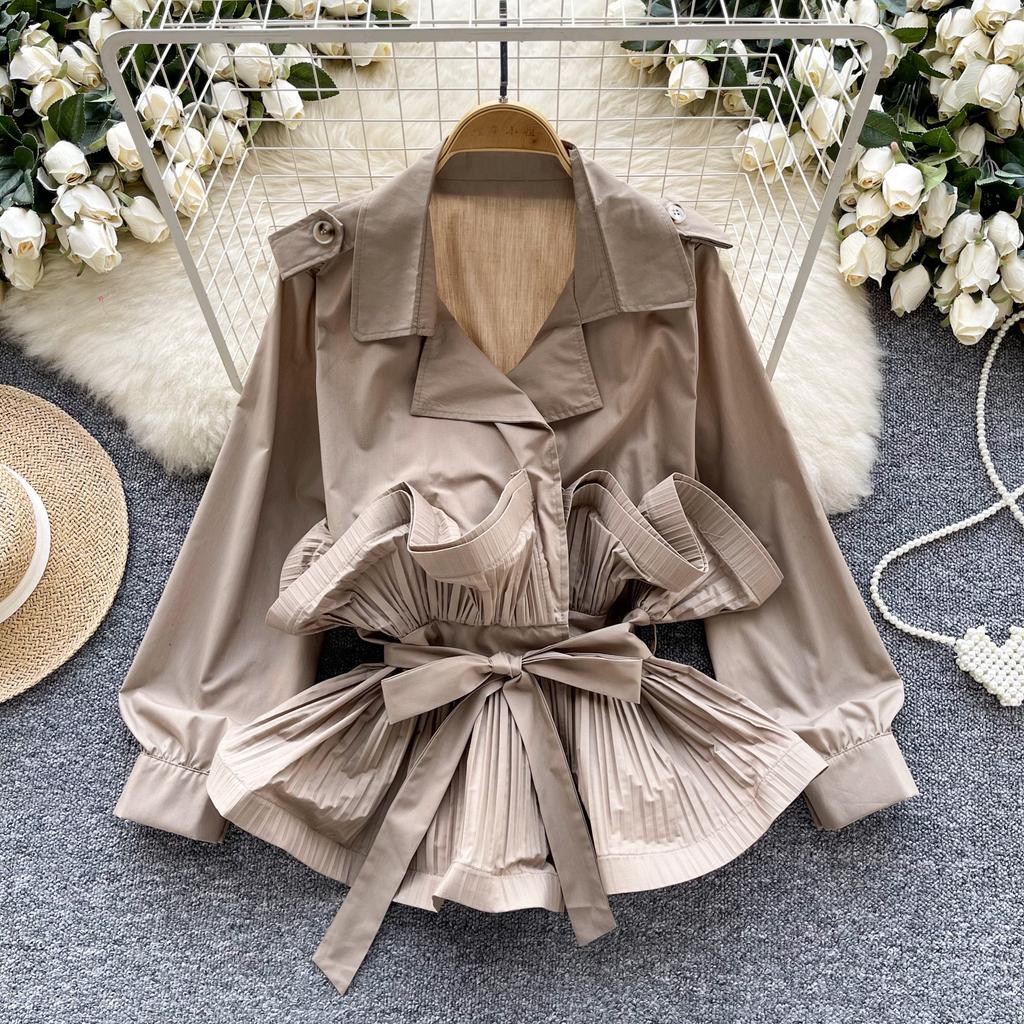 Стиль дочери в стиле легкой роскоши, высококлассная рубашка с воротником-костюмом, женская осенняя куртка с дизайном талии на ремешке и краем в виде лепестков лотоса