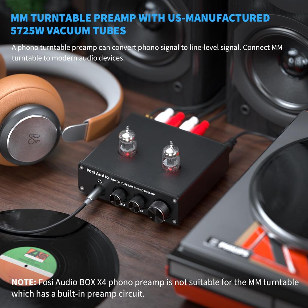 Fosi Audio BOX X4 Фонокорректор Усилитель для наушников с вакуумным предусилителем 6J1 для MM-проигрывателей и предусилитель для пластинок с регуляторами низких и высоких частот