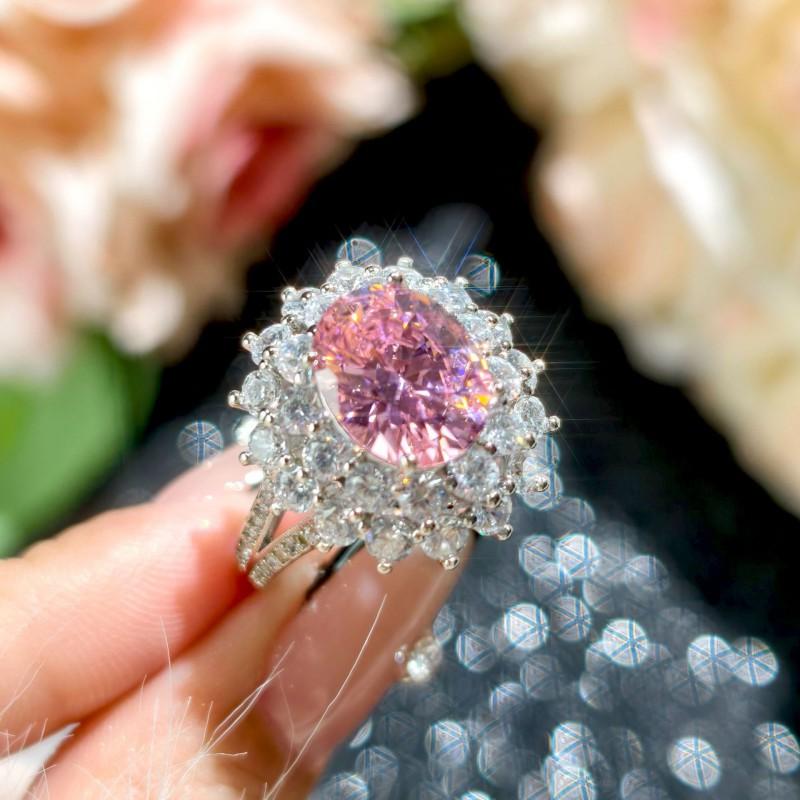 Adjustable Open Ring Women With Pink Cubic Zirconia Crystals Geometric Design Fashion Statement Jewelry