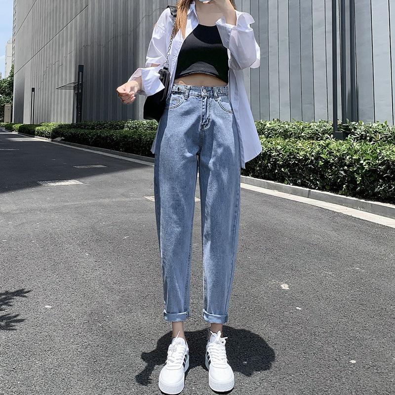 Весенне-осенние женские джинсовые брюки с высокой талией, свободные утягивающие джинсы, универсальные шаровары, укороченные брюки