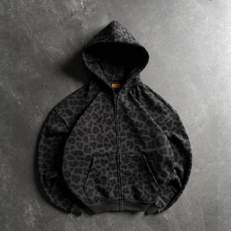 Leopard Print Hooded Sweatshirt Vintage Loose Fit Long Sleeve Streetwear Top Men