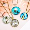 Retro Round Gem Halloween Cat & Tree of Life Necklace