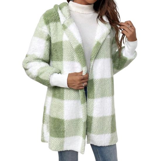 Зимний свитер, пальто с принтом в клетку, с капюшоном, толстый ветрозащитный кардиган с открытой строчкой, верхняя одежда, куртка средней длины из плюша для школьных путешествий