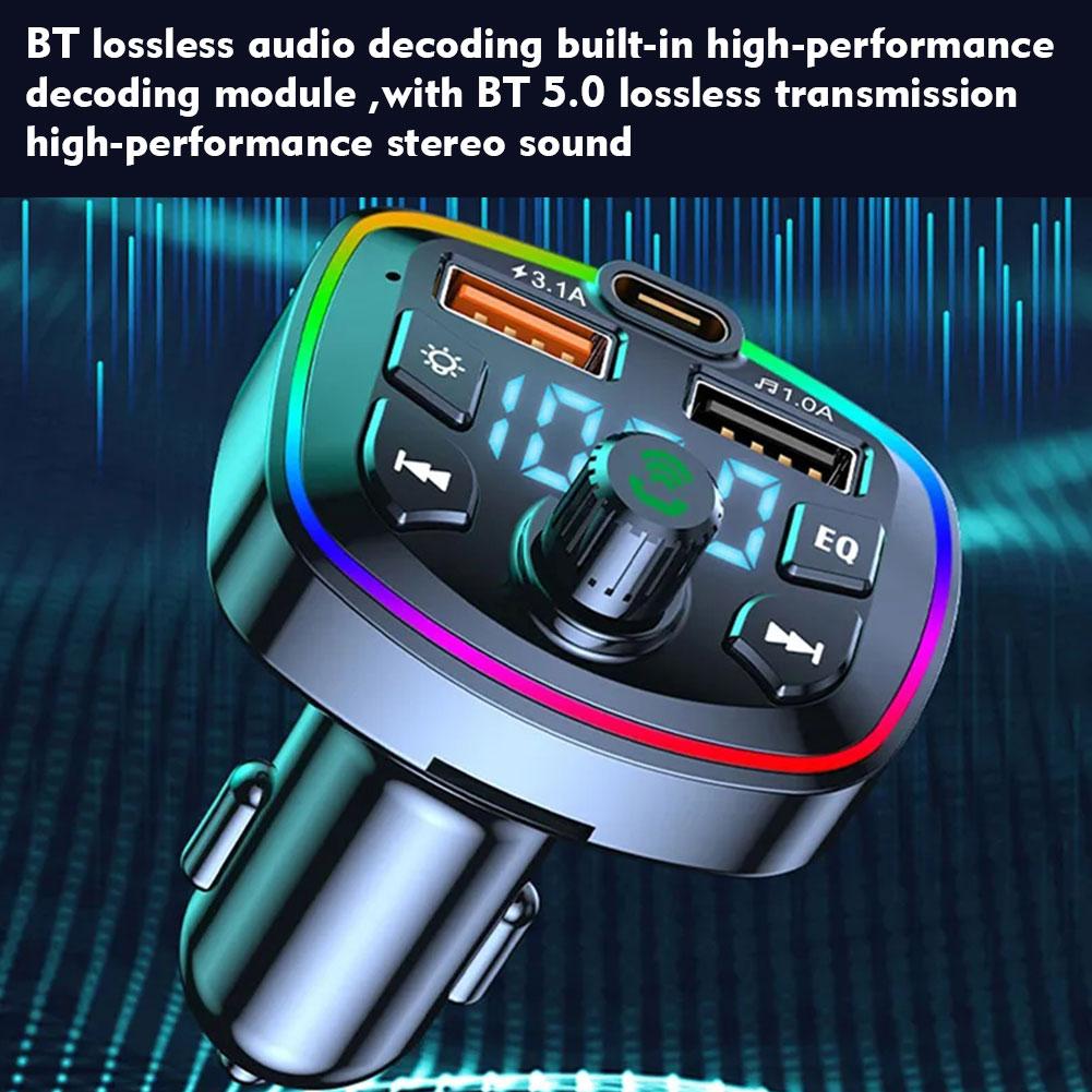 Bluetooth FM Transmitter Multi-Function Atmosphere MP3 Player for Car with QC3.0 Fast Charger, LED Mood Light Music Receiver