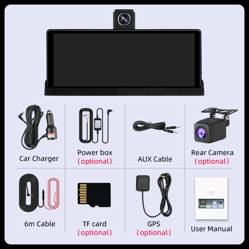 10,26-дюймовый автомобильный видеорегистратор 4K-камера Беспроводная Carplay Android auto Ai-экран Приборная панель Видеорегистратор Двойной объектив GPS-навигация Видеорегистратор AUX