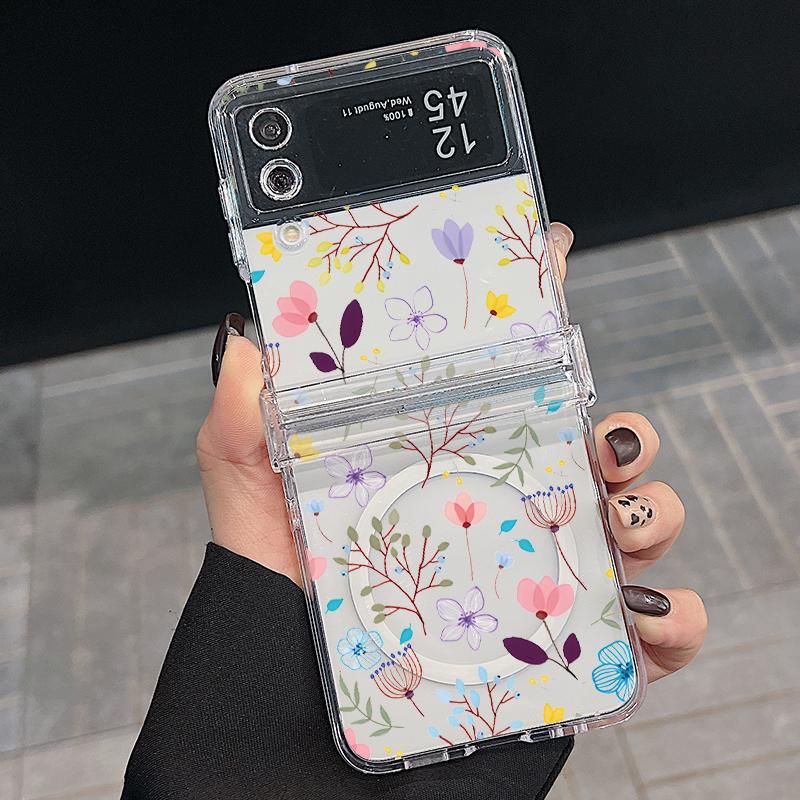 3шт складной противоударный чехол для Samsung Z Flip6 Flip5 Flip4 для Magsafe магнитный красивый цветочный узор прозрачный жесткий тонкий чехол для ПК