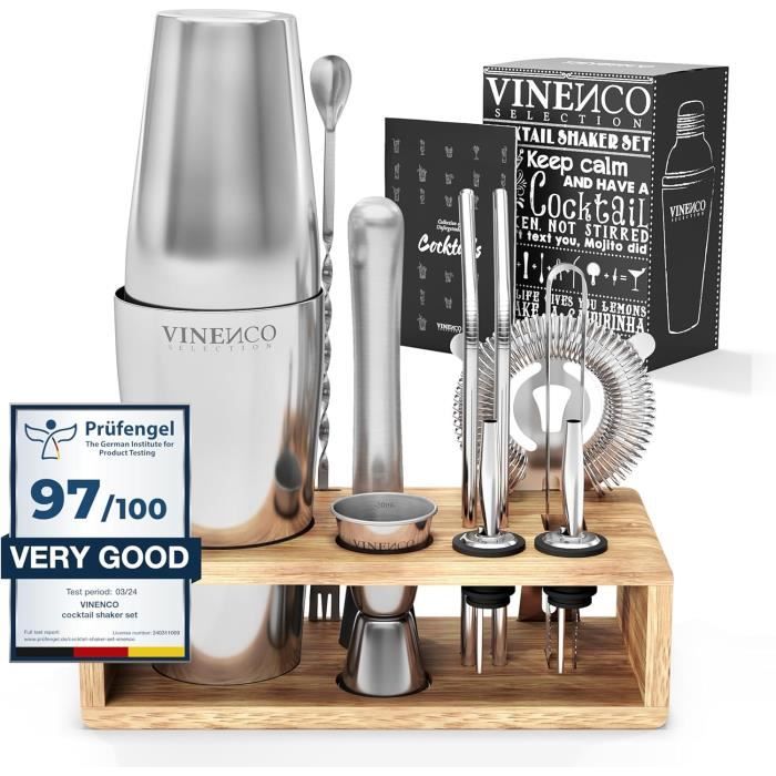 Kit cocktail - vinenco - shaker boston 750 ml - 10 pièces - inox brossé - coffret cadeau élégant