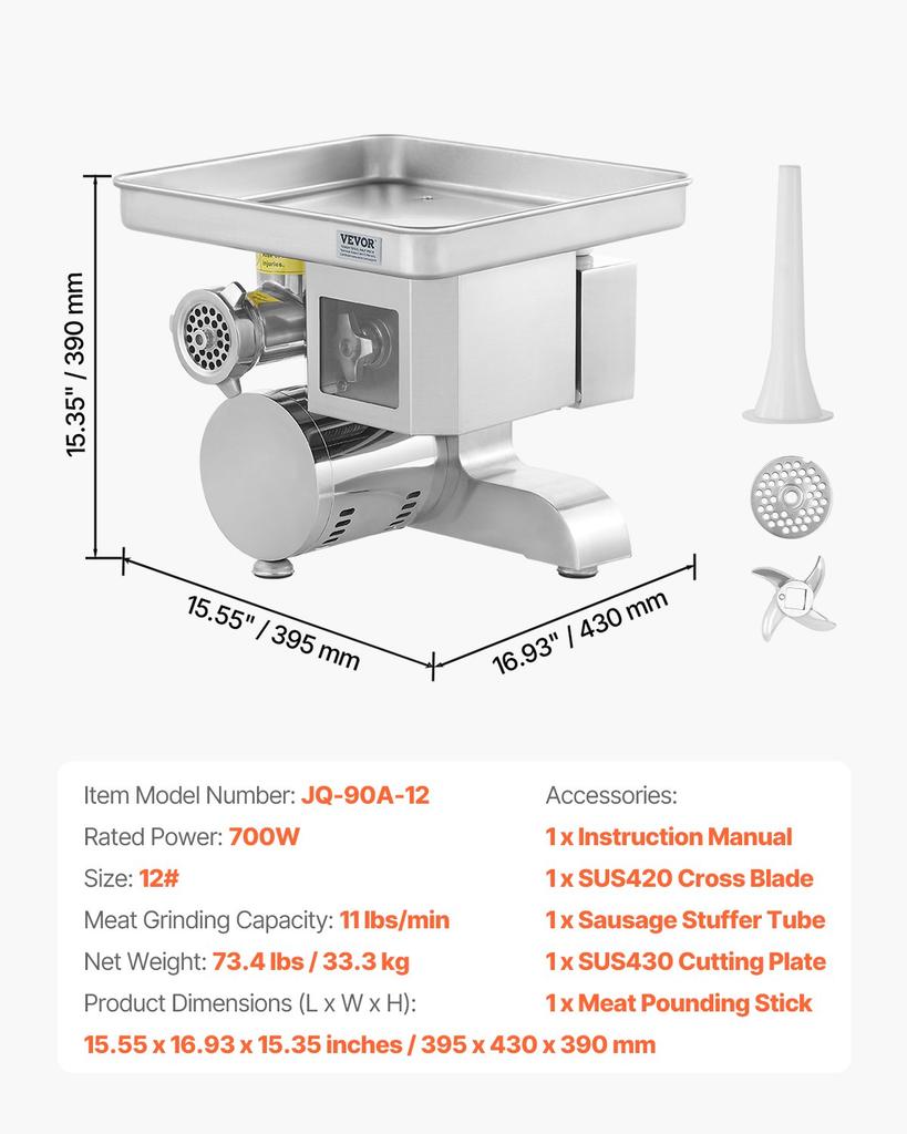 VEVOR Meat Grinder, 11 Lbs/Min Electric Meat Grinder, Slicer, Sausage Stuffer with Blade, Grinding Plate, Sausage Maker