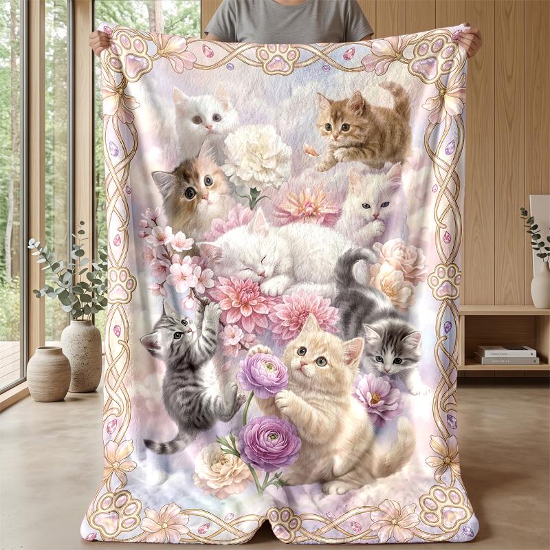 Floral Kittens Dreamscape Theme blanket Lightweight Warm Flannel Blanket Decorative Throw Blanket for Home Decoration