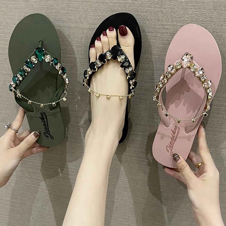 2024 Summer New Shoes for Women Fashion Slipper Outdoor Beautiful Crystal Flip Flops Girl Street Soft Sole Beach Shoes