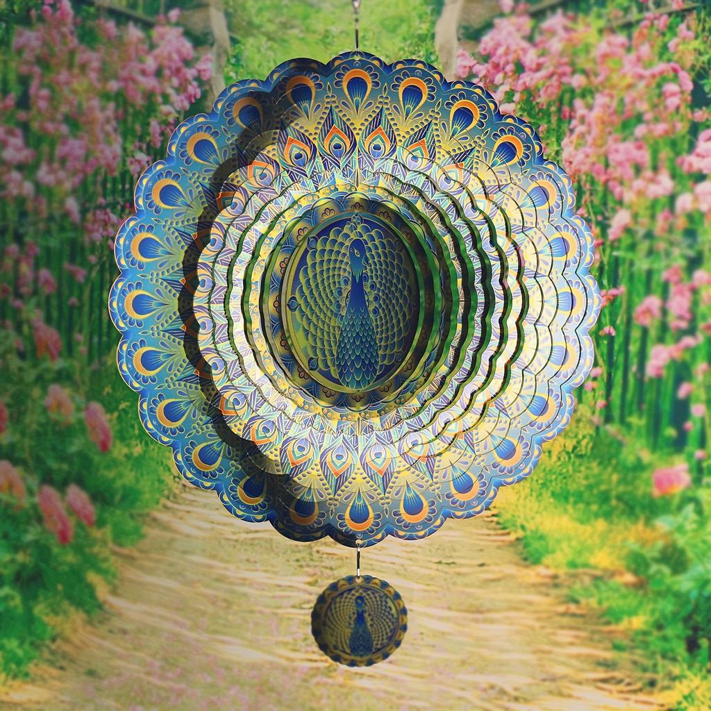 1pc 3D Peacock Wind Chime, Colorful Stainless Steel Wind Spinner, Outdoor Yard And Garden Decor, Metal Spinner With Hanging Hook