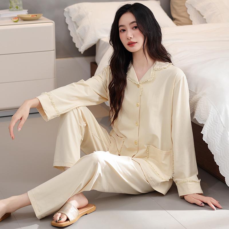 Women's Cotton Long Sleeve Pajama Set with Chest Pad - Casual & Comfortable for Indoors or Outdoors
