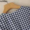 VONDA Women Stitching V Neck Short Sleeve Plaid Print Casual Pleated Dress