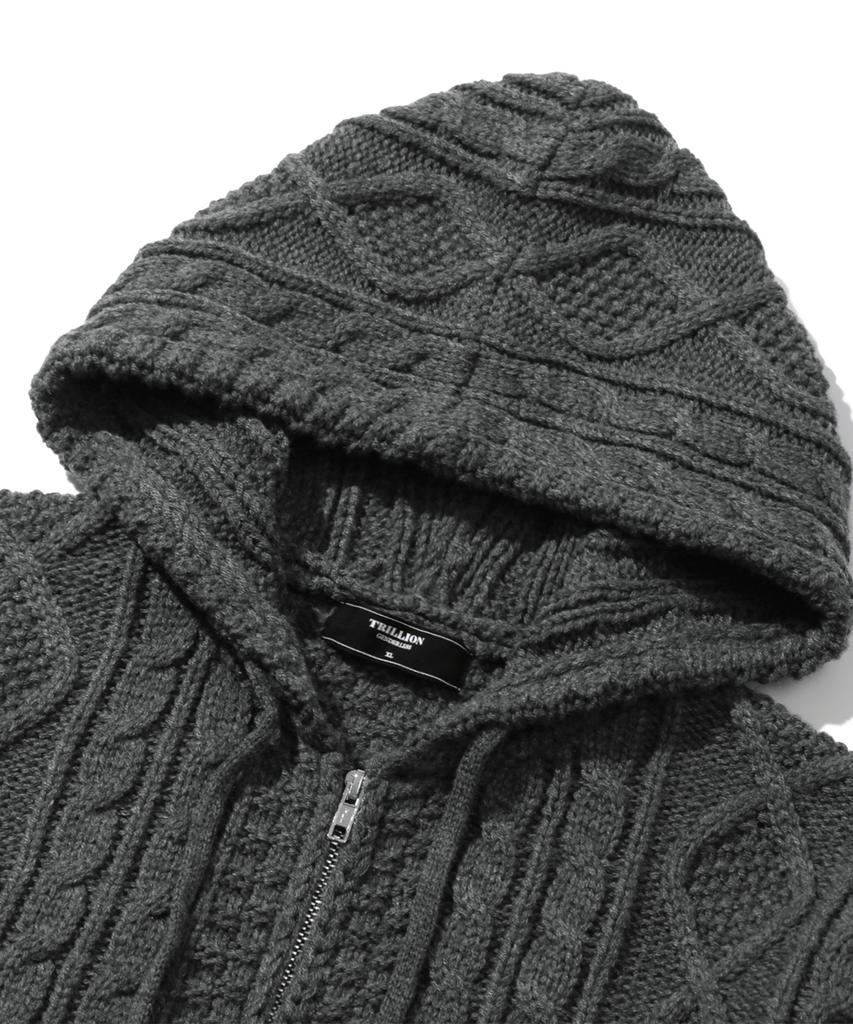 TRILLION Washable Aran Cable Hooded Zip-Up Knit (Charcoal)