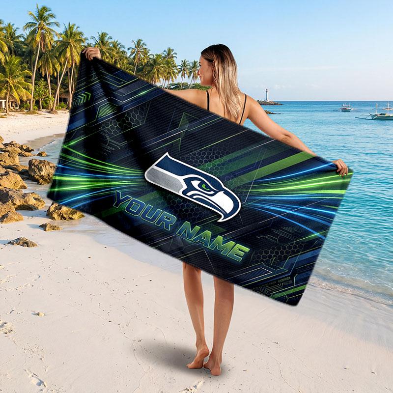 Seattle Seahawks Customized Name Text Beach Towel, Soft Absorbent Towel Beach Pool Travel Personal Gift