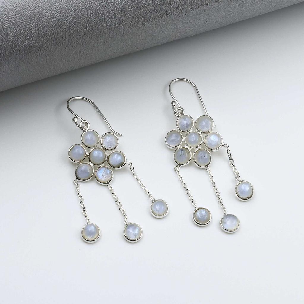 925 Sterling Silver Earring, Moonstone Gemstone Earring, Dangle Earring, Designer Earring, Floral Earring, Women Earring