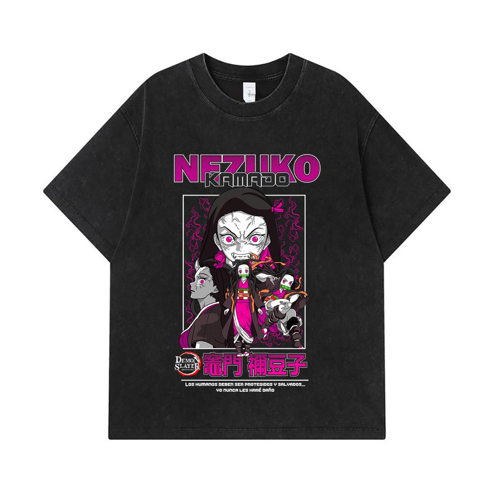 275 GSM Washed T-shirts 100% Cotton Demon Slayer V55 Nezuko Print Unisex Heavy Cotton T Shirt