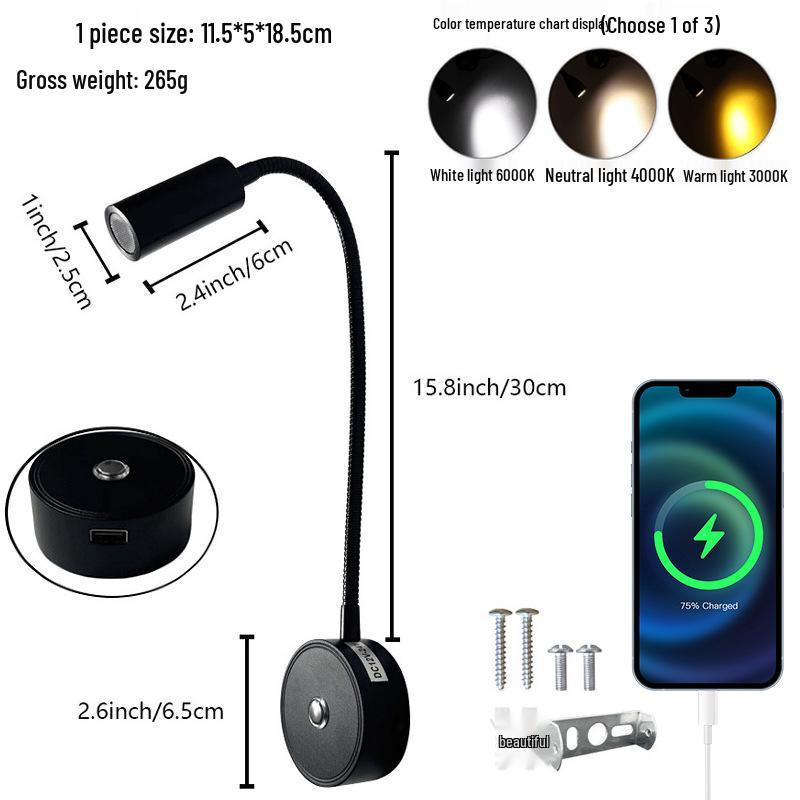 Светодиодный светильник для чтения на гибкой ножке для автодомов и лодок с сенсорным диммированием