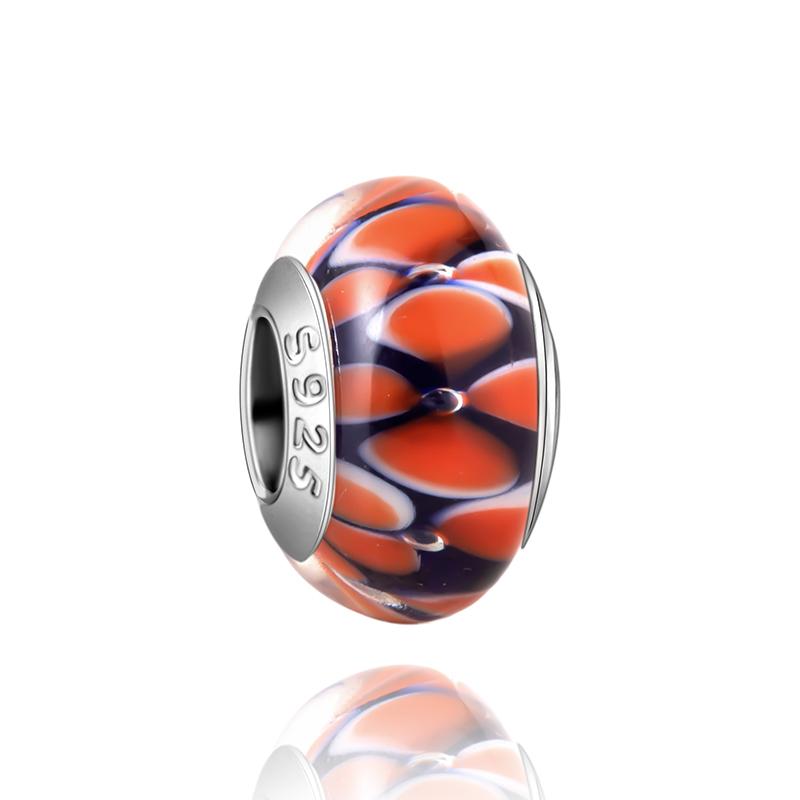 Муранское стекло Серия стерлинговое серебро 925 пробы Медный павлин синий и лепесток цветка Вращается Шарм Подходит для браслета Женские изящные циркониевые аксессуары