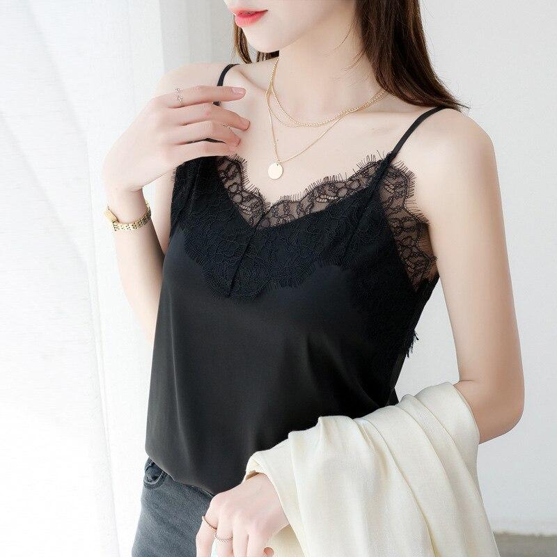 Casual Elegant And Youth Blouse For Women Fashion Lace Sexy Silk Top Summer Chic Solid Shirt V Neck Backless Satin Camis 25451