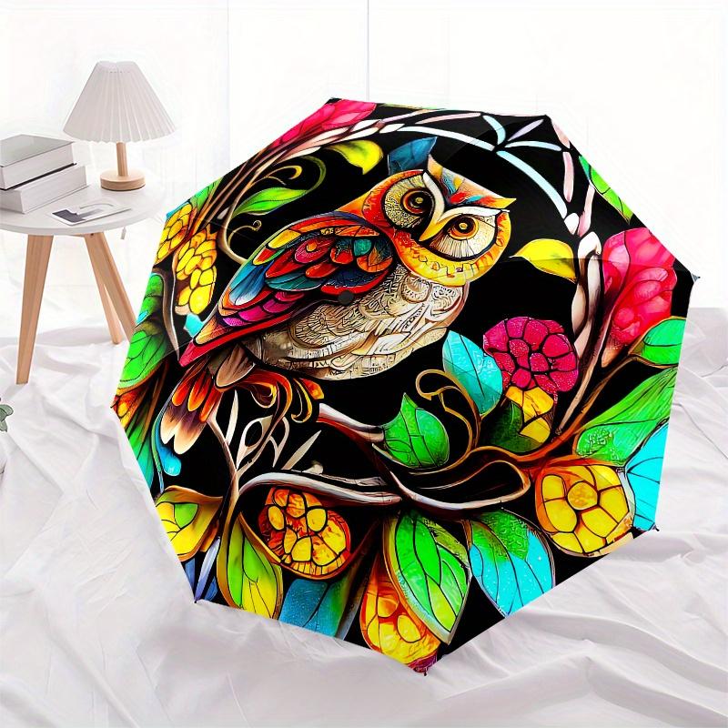 Owl, Stained Glass Automatic folding umbrella  simple eight rib design, bright color pattern, durable iron frame, ideal for travel and outdo