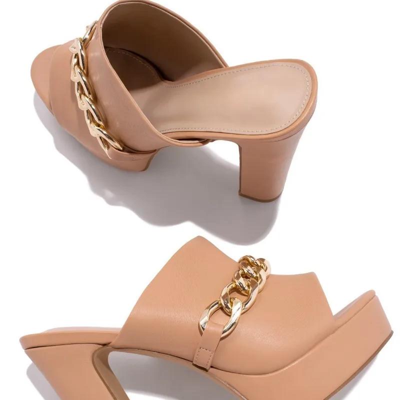 2024 Обувь Женские Современные Женские Тапочки Платформа Платье Тапочки Женские Цепи Круглый Носок Высокий Толстый Каблук Большие Размеры Женские Сандалии