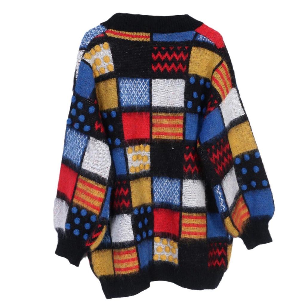 Корейский ретро кардиган свитер с V-образным вырезом из мохера в клетку с цветными блоками и помпонами