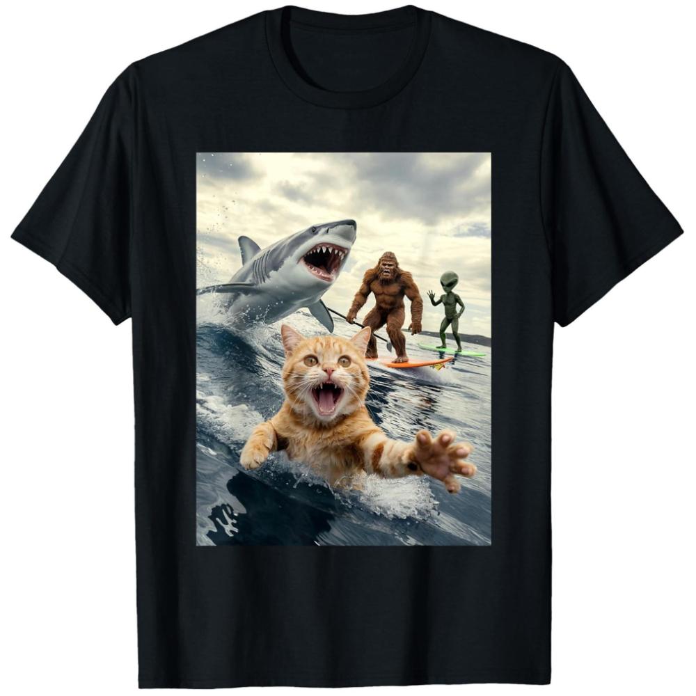 Unisexs Black Cotton Tshirt With Surfing Cat Shark Design Casual Crew Neck Short Sleeve Lightweight