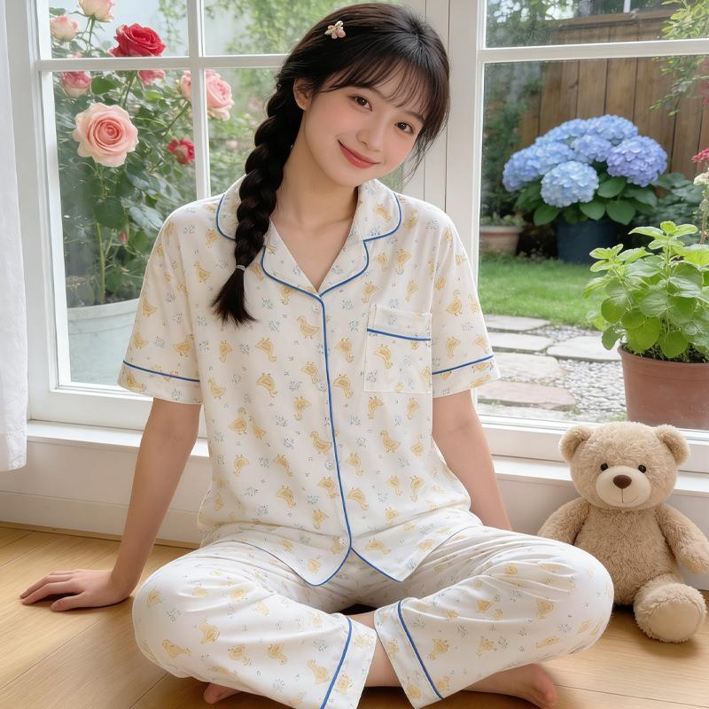 Imitation cotton cardigan pajamas women's summer short-sleeved trousers pastoral cartoon little yellow duck loose and comfortable loungewear