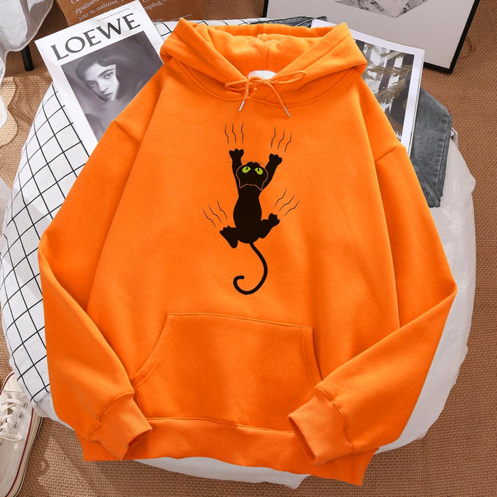 Naughty Black Cat Print Women's Hooded Hip-hop Comfortable Sweatshirt Cartoon Soft Hooded Harajuku Sportswear