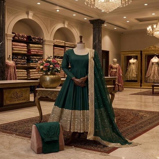 Heavy Mirror & Zari Work Flared Silk Anarkali Suit Set