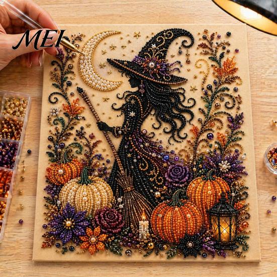 Handmade Holiday Gift Ideas Halloween Faux Pearl Art DIY Kit, Spooky Cute 3D Beads Painting Crafts, Mosaic Crafts for Adults Gothic Ghost Pumpkin Cat