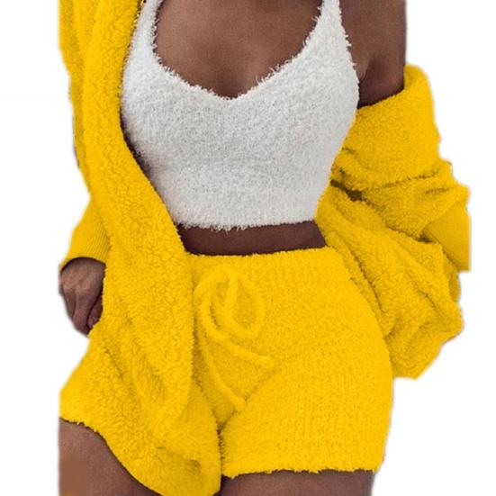 Winter Women Plush Sexy V-Neck Vest Shorts Long Sleeve Jacket Coat Set