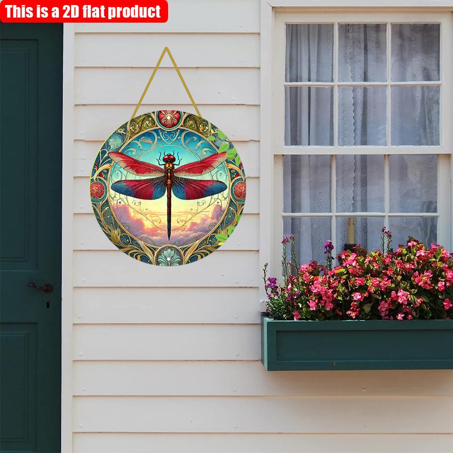 2D Flat 20*20cm 1pc Vintage Bright-coloured Dragonfly Sign Round Wall Deco, Dragonfly Theme Wooden Gift For Women, Room Decor Aesthetic Entrance Decor