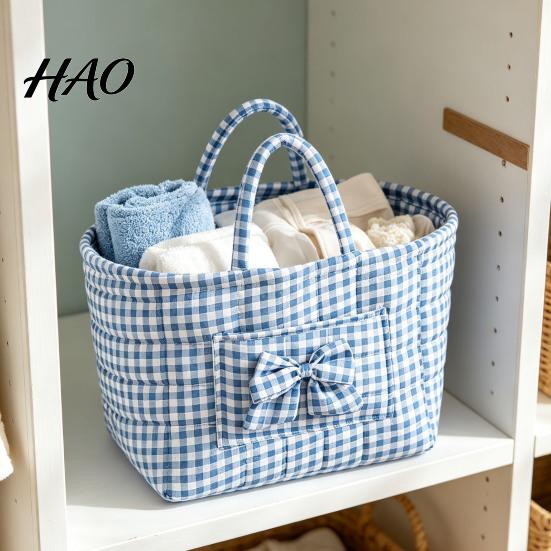 Foldable Fabric Bin with Handles Quilted Storage Basket Dual Handles, Large Capacity Cotton Organizer, Travel Commuter Bag for Essentials Multi