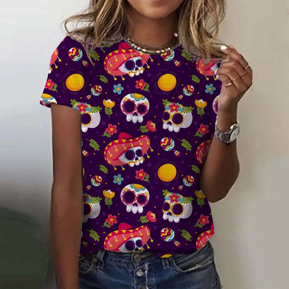 Summer Round Neck 3D Colorful Skull Pattern Print Top Fashionable Casual Short Sleeved Women's T-shirts