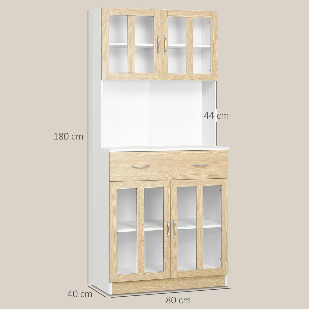 Modern Kitchen Cupboard, Freestanding Storage Cabinet Hutch with Central Drawer, 2 Glass Door Cabinets and Countertop, 180cm