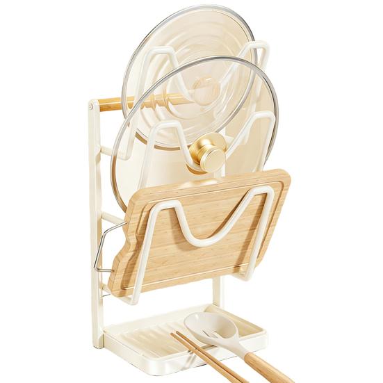 Yousheng Kitchen Pot Lid Storage Rack Carbon Steel Pot Lid Holder While Cooking Pot Lid Stand with Spoon Rest Removable Drip Tray for Countertop Pan