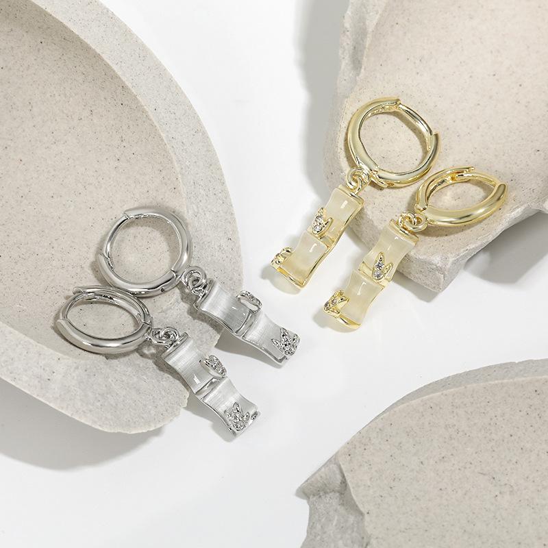 Golden Opal Anti-allergic Bamboo Earrings, Guochao Retro Gradually Rising High-end Long Bamboo Earrings