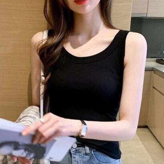 Summer Vest Round Neck Sleeveless Slim-Fit Solid Color Tank Tops Soft Elastic Sport Camisole Daily Wear