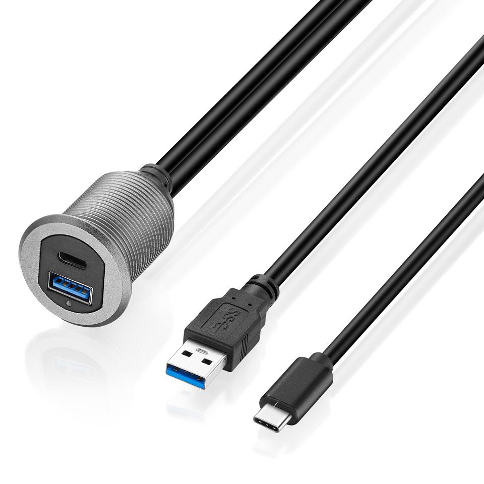 Bochara USB3.0+Type C 3.1 3.0 Male to Female Extension Cable Flush Mount Panel Dashboard Aluminum Alloy With Indicator
