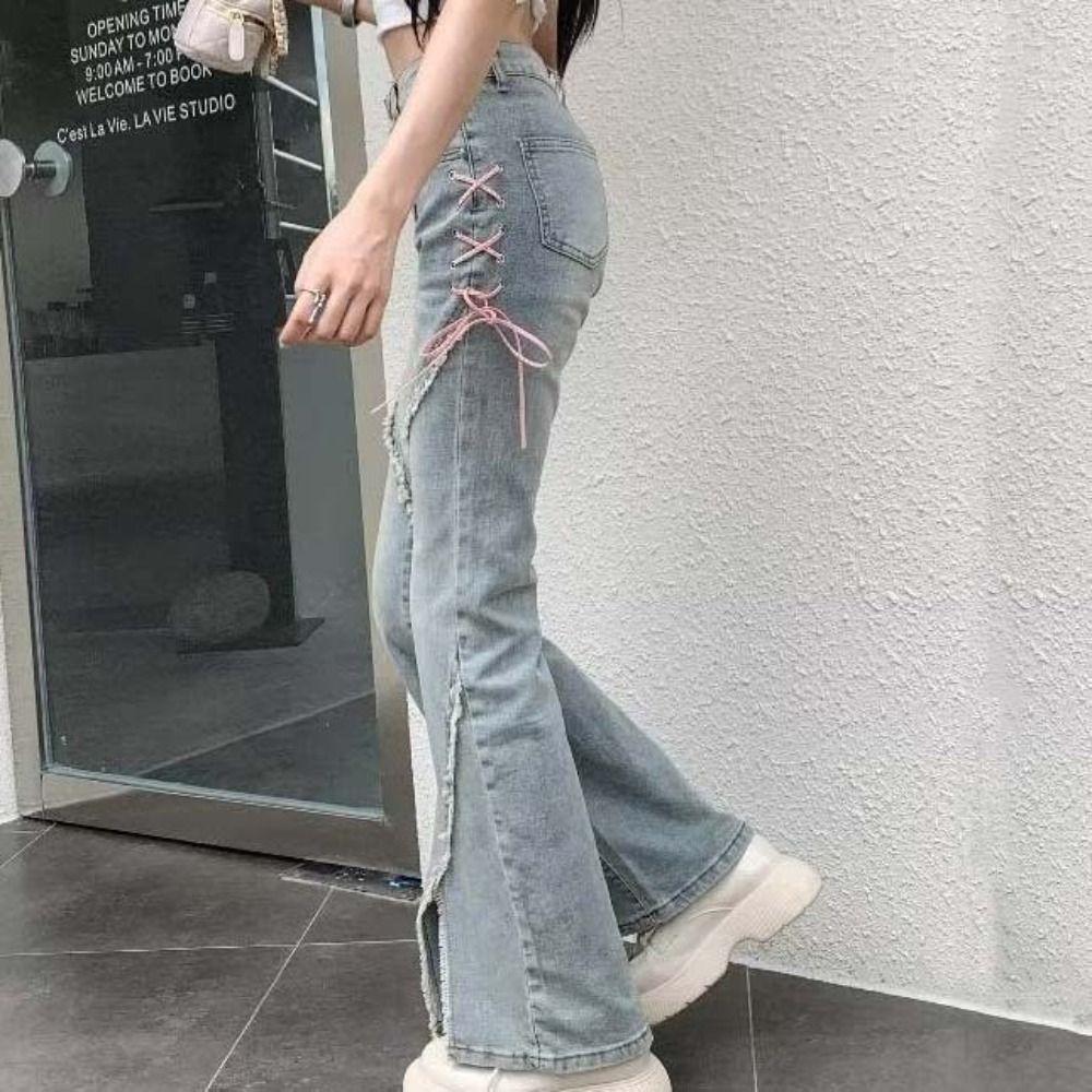 Wide Leg Y2k Bow Denim Jeans Lace Tied-up Split Fork Denim Pants Soft High Waist Pants Girls