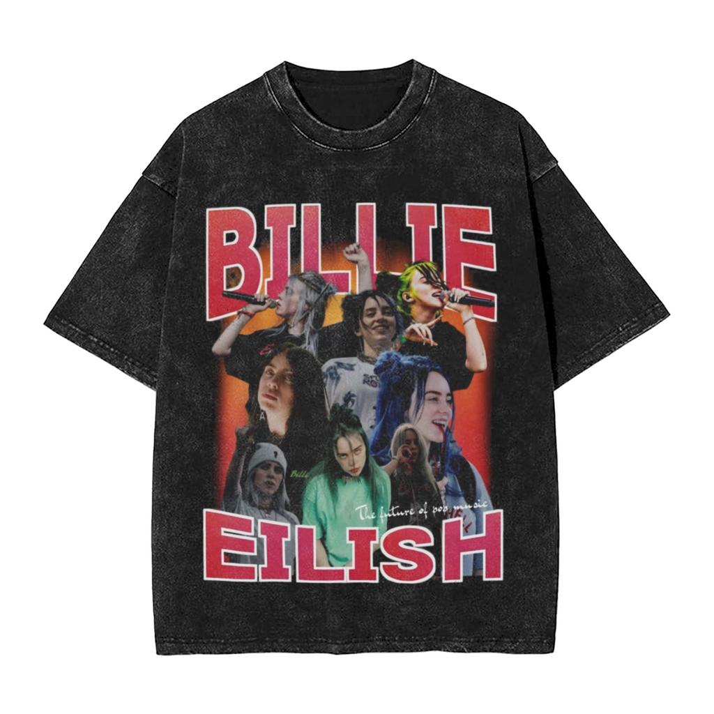 Singer BBillieGirl Eeilish Music Vintage Washed T Shirt Unisex Cotton Clothes Printed Round Neck Short Sleeve