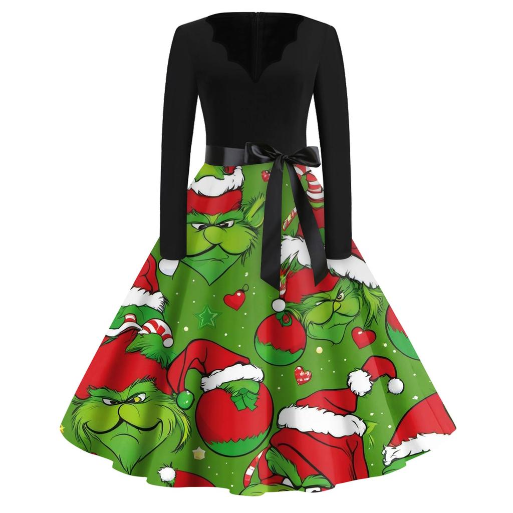 Женское модное платье с V-образным вырезом, повседневное, приталенное, с рождественским принтом, с длинным рукавом