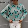 Winter Printed Butterfly O-Neck Women's Loose Plus Size Knitwear Pullover Sweater