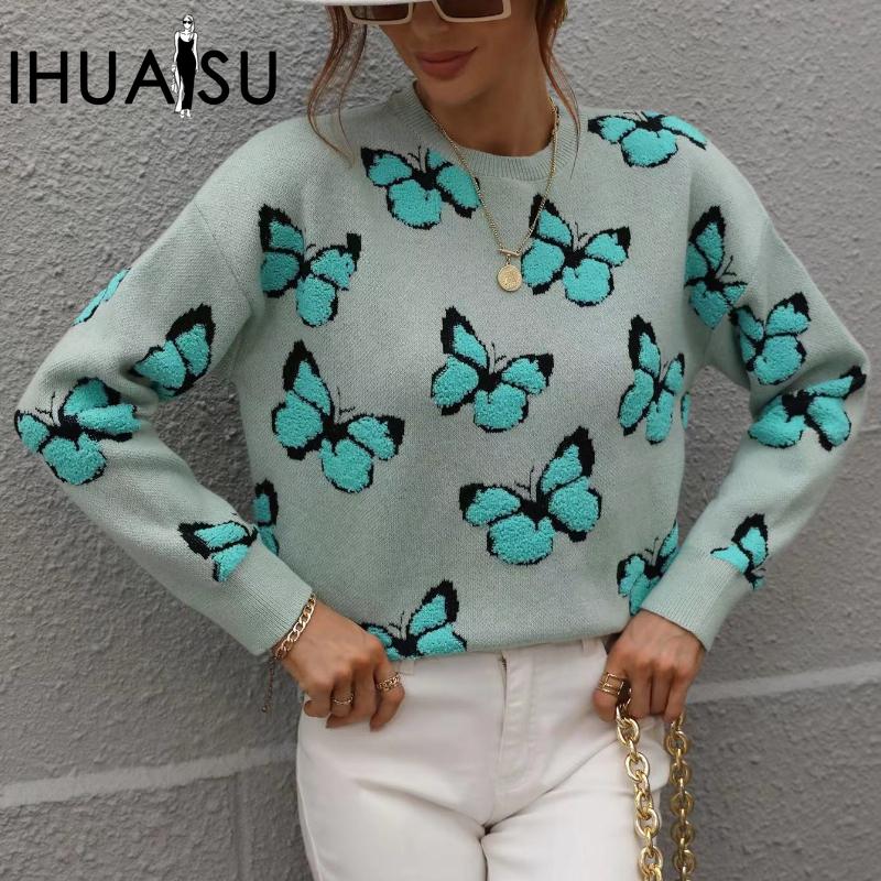 IHUASU Winter Printed Butterfly O-Neck Women's Loose Plus Size Knitwear Pullover Sweater