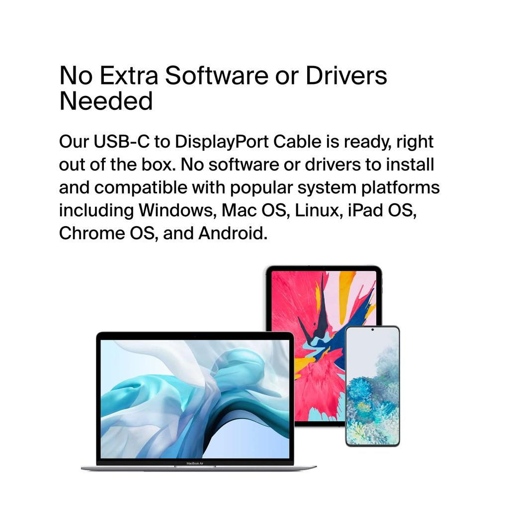 Кабель Belkin USB Type C - DisplayPort или HDCP DP Alt, обратная совместимость с Android и другими устройствами 1.4 6,6 футов/2 м, 32,4 Гбит/с 8K при 60 Гц 4K при 144 Гц, HBR3, DSC,