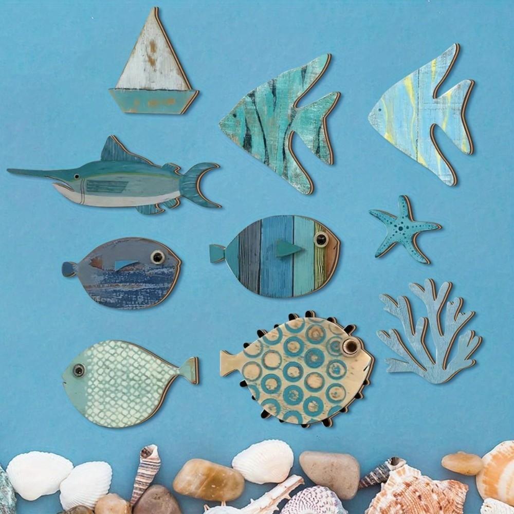 10Pcs Rustic Ocean Animal Decoration Retro Fish Decorative Plate Vintage Fish Wall Decor Cafe Bar
