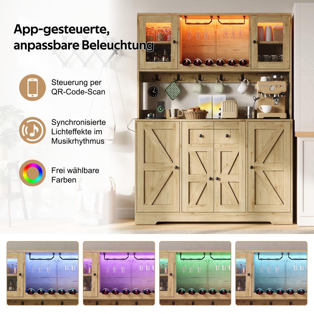 Tall Kitchen Cabinet with LED Lighting and Sockets, Pantry Cabinet with Acrylic Glass Doors, Wine Racks and Wine Glass Holders, 140 × 40 × 173 cm