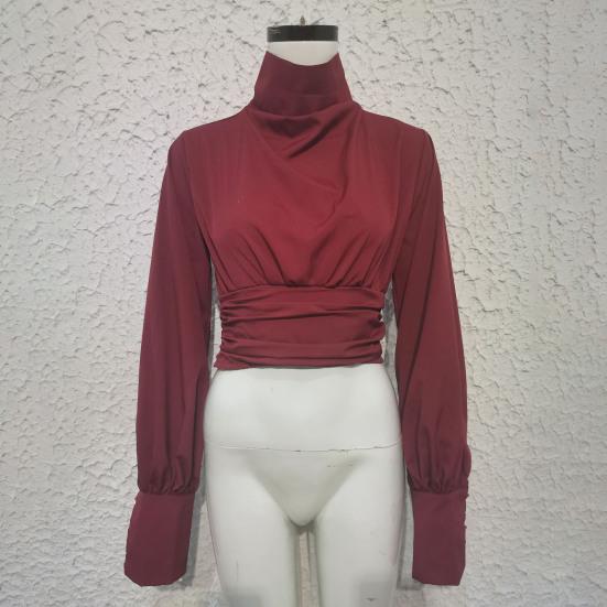 Женский топ, шикарный однотонный пуловер, вечерняя блузка с драпировкой, клубная блузка с длинными рукавами, женская рубашка для повседневной носки